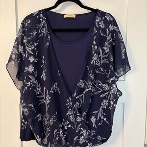 Cestyle Navy Blue Floral Surplice Layered Blouse Short Sleeve Top Large Coquette